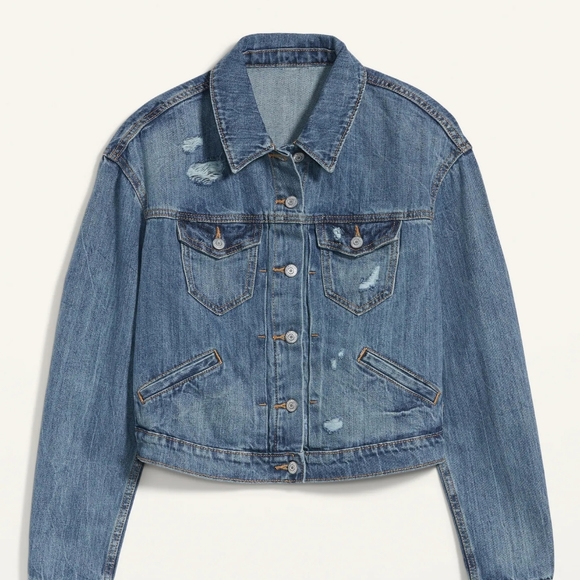 Cropped Distressed Jean Jacket - Picture 1 of 4